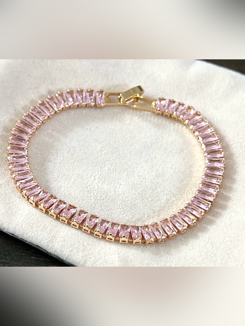 Delicate Pink Gem Tennis Bracelet in Gold Tone